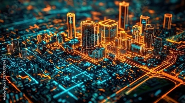 Fototapeta AI-powered urban planning interface showing glowing blueprint overlays on a digital city map