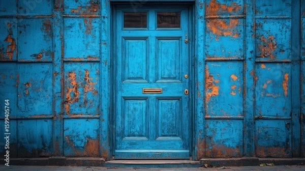 Fototapeta A weathered turquoise door, a captivating image of vintage charm and urban decay. The peeling paint reveals glimpses of a past life, a beautiful tale of time and resilience