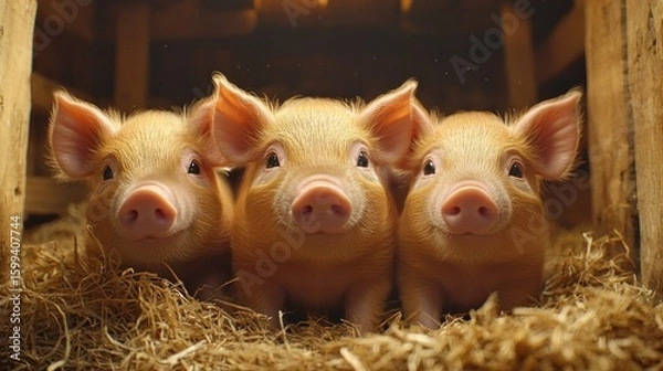 Fototapeta Three Adorable Piglets in a Wooden Pen
