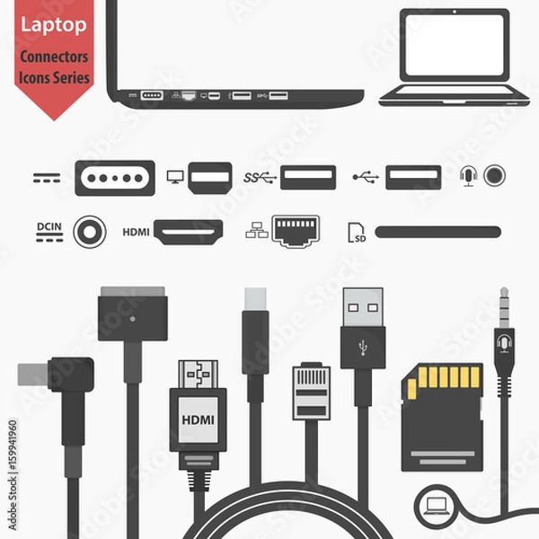 Fototapeta Laptop side view with connectors Illustration. SD, HDMI, USB, Ethernet, displayport, magsafe, power DC in power supply, audio trs sockets. computer peripherals in flat design. and notebook icon