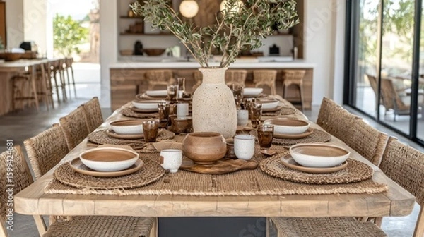 Fototapeta Rustic, open-plan dining area with a large wooden table, featuring woven chairs and textured pottery