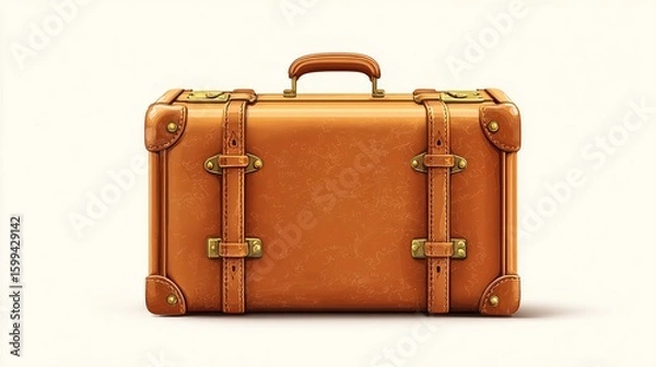 Obraz Front-facing, vintage, tan leather suitcase with brass hardware on plain backdrop