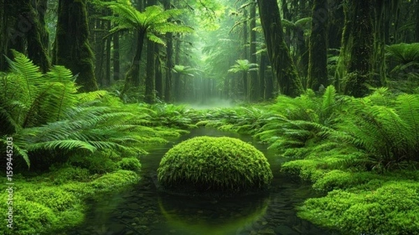 Fototapeta Enchanted Green Forest: A Mystical Stream in Lush Rainforest