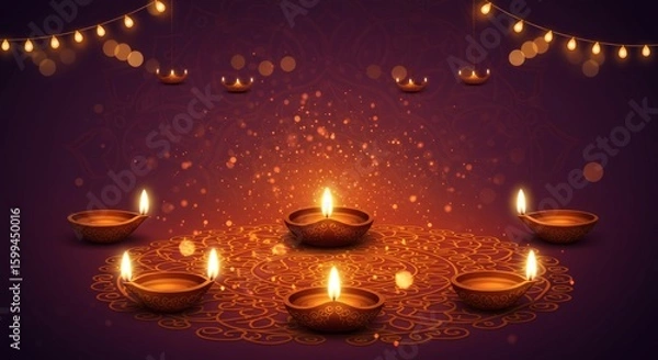 Fototapeta Beautiful Diwali Illustration with Glowing Diyas on Colorful Rangoli – Top-Down Festive Composition with Golden Bokeh Lights and Warm Celebration Atmosphere


