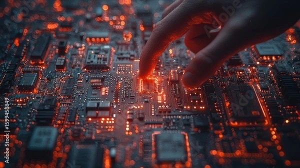 Fototapeta Human Hand Interacting with Glowing Circuit Board: A Macro View of Technology