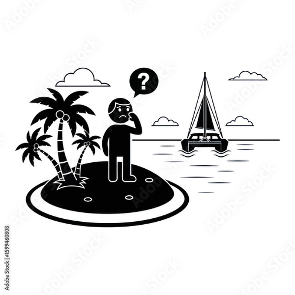 Fototapeta A stick figure stranded on an island with palm trees looking at a sailboat with a question mark above
