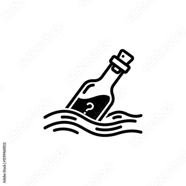 Fototapeta A black and white drawing of a bottle with a question mark floating in the ocean on a white background