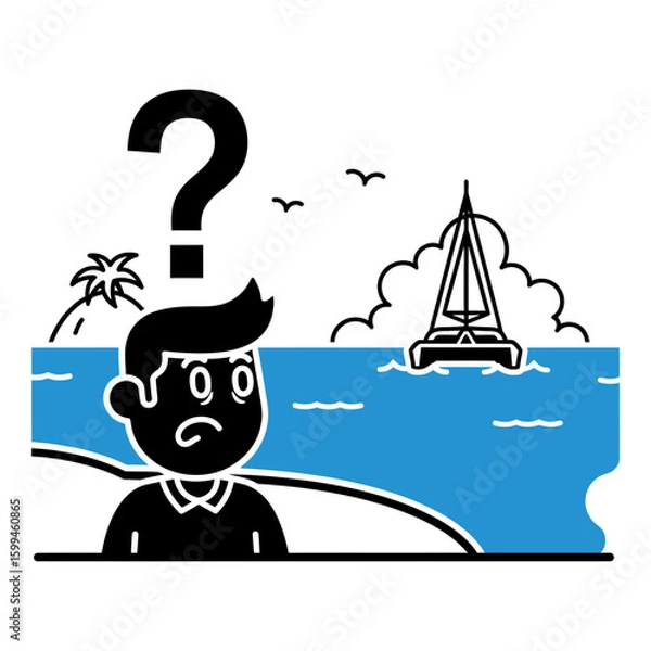 Fototapeta A person with a question mark above them looking at a boat on the ocean with a tropical island behind
