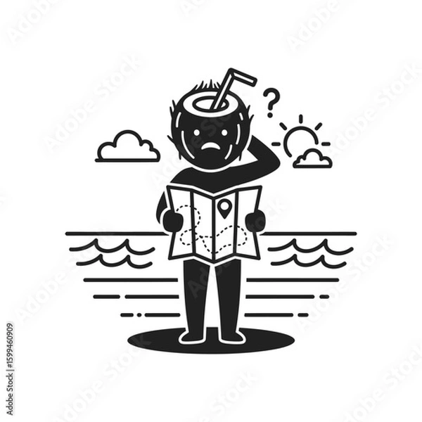 Fototapeta Coconut head figure looking at map on beach with question mark and sun in black and white style