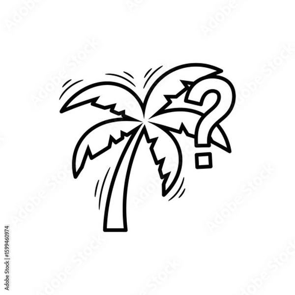 Fototapeta A stylized outline of a palm tree with a question mark next to it on a white isolated background