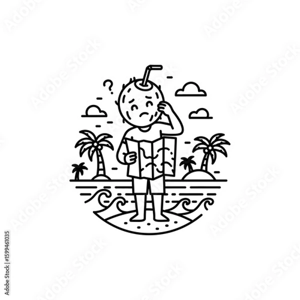 Fototapeta A coconut headed man looks at a map on a tropical beach with palm trees and ocean waves in line art