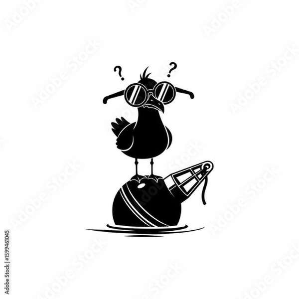 Fototapeta A cartoon seagull with sunglasses standing on a buoy with question marks above its head in black and white