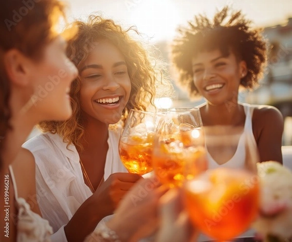 Obraz Diverse friends laughing toast Aperol Spritz glasses, sunny rooftop terrace summer gathering, golden hour warm light, crisp white outfits, shallow depth of field lifestyle. 