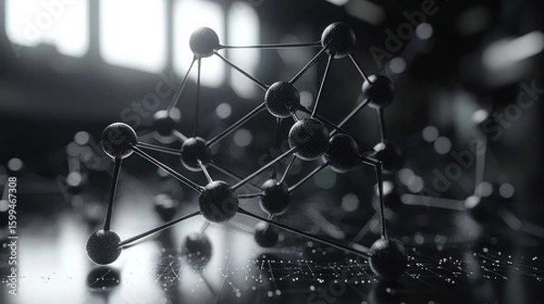 Fototapeta Abstract Molecular Structure: A Black and White 3D Render of Interconnected Spheres, Illustrating Complexity and Connectivity in Science and Technology.