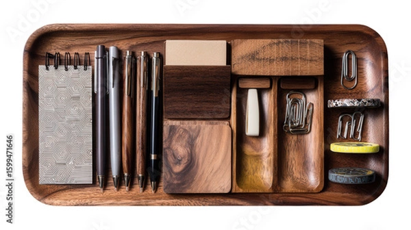 Fototapeta Handcrafted Wooden Desk Organizer: A flat lay of a handcrafted wooden desk organizer with compartments for pens, notepads, and clips, isolated on a Transparent background, PNG file.