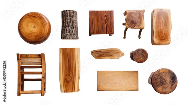 Fototapeta Handcrafted Wooden Furniture: A flat lay of handcrafted wooden furniture like stools, tables, and chairs, isolated on a Transparent background, PNG file.