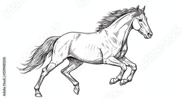 Fototapeta Elegant Galloping Horse Side View in Dynamic Motion – Black Ink Line Art on White Background, Detailed Mane and Muscular Form, Vintage Engraving Style for Tattoos, Posters, or Equestrian Design