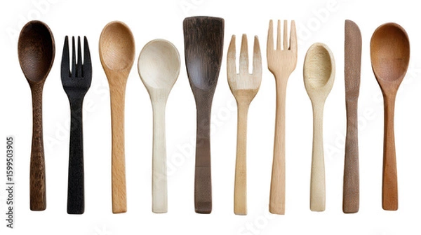 Fototapeta Handcrafted Wooden Utensils: A flat lay of handcrafted wooden utensils like spoons, forks, and spatulas, isolated on a Transparent background, PNG file.