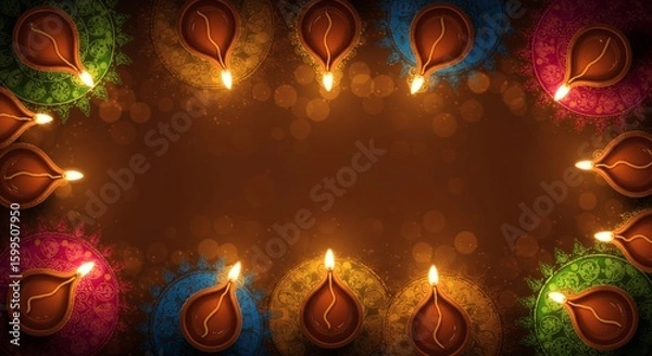 Fototapeta Beautiful Diwali Illustration with Glowing Diyas on Colorful Rangoli – Top-Down Festive Composition with Golden Bokeh Lights and Warm Celebration Atmosphere

