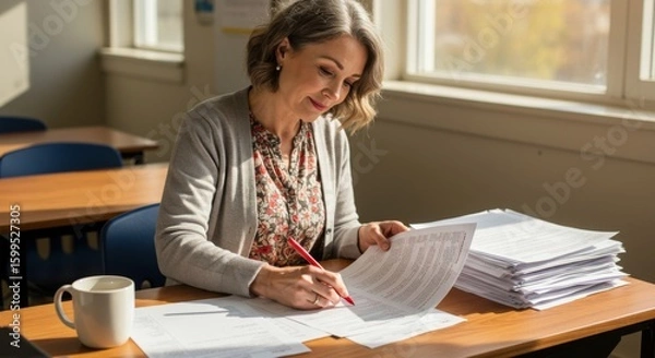 Fototapeta Focused Woman Grading Papers in a Sunlit Classroom