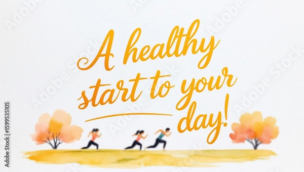 Fototapeta illustration of a pastel watercolor of people exercising in morning sunrise with park on the bottom , with the warm, golden text “ A healthy start to your day!"
