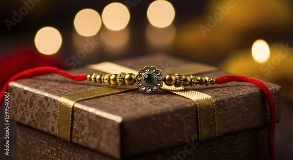 Fototapeta Close-Up of Traditional Rakhi Bracelet with Intricate Design on Decorative Gift Box – Festive Background Blur, Warm Lighting, High-Resolution Product Photography for Raksha Bandhan Celebration