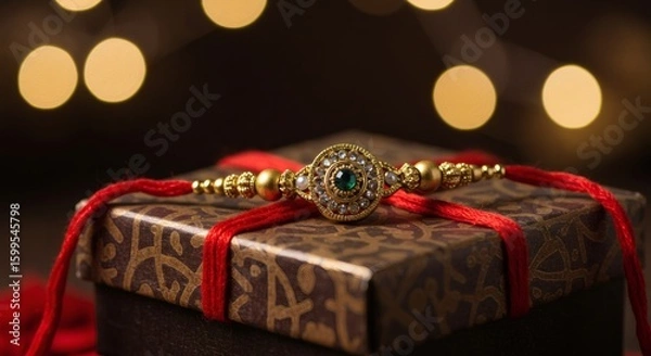 Fototapeta Close-Up of Traditional Rakhi Bracelet with Intricate Design on Decorative Gift Box – Festive Background Blur, Warm Lighting, High-Resolution Product Photography for Raksha Bandhan Celebration