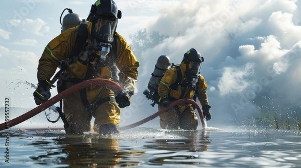Fototapeta Two figures in protective gear wade through flooded water with smoke billowing behind