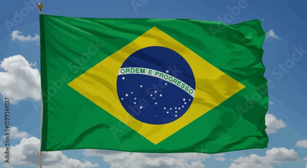 Fototapeta Waving brazilian flag against a bright blue sky with fluffy white clouds