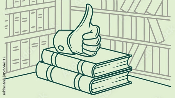 Fototapeta Thumbs Up Gesture on Stack of Books in Library Setting.