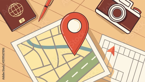 Fototapeta Travel Essentials Map Passport Camera and Location Marker.