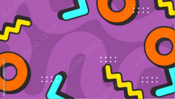 Fototapeta Vibrant purple background with 90s style geometric shapes perfect for retro themed designs, party invitations, album covers, and social media graphics.