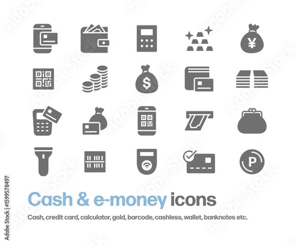 Obraz お金,電子マネー,紙幣,コイン等のアイコンセット。現金やポイント,クレジットカード等のシンプルなシルエットイラスト