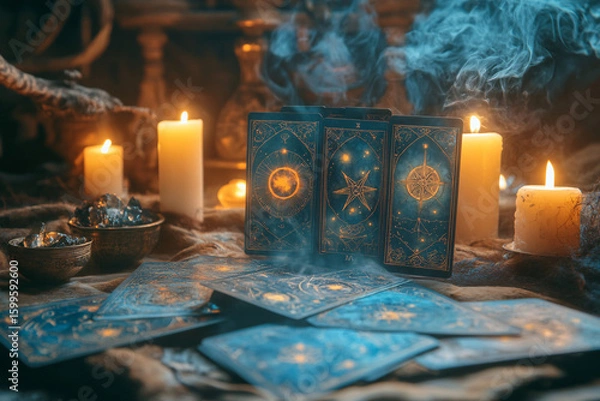 Fototapeta Mystical Tarot Card Setup with Candles, Smoke, and Magical Decor in a Warm Esoteric Atmosphere
