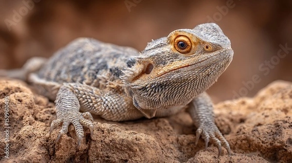 Fototapeta Close-up of a curious bearded dragon lizard with textured scales and alert eyes in desert-style backdrop real photo stock photography
