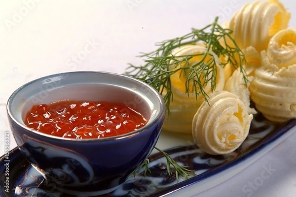 Fototapeta Red Caviar and Butter on Arab / Uzbek style plate