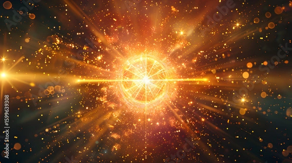 Fototapeta Golden Burst of Energy in Space: Abstract Representation of Light and Power