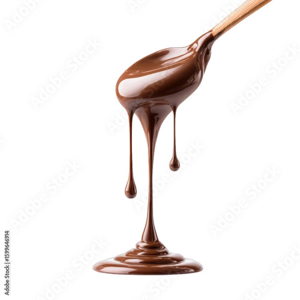 Fototapeta Rich chocolate syrup flowing from a wooden spoon, smooth texture, ideal for desserts or toppings, showcasing indulgence. Isolated on white background or PNG
