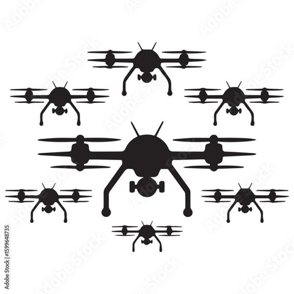 Fototapeta A swarm of black quadcopter drones arranged in a circular formation against a clean white background