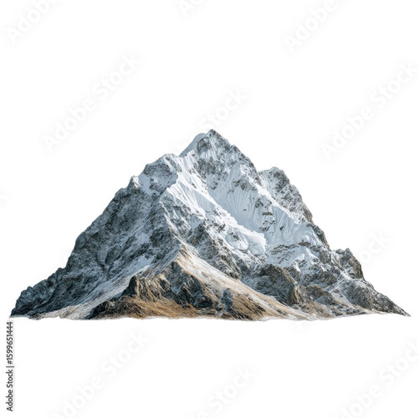 Fototapeta Majestic mountain peak with snow-capped summit, rugged terrain and dramatic slopes, ideal for nature enthusiasts and explorers. Isolated on white background or PNG