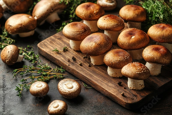 Fototapeta Sliced mushrooms on cutting board with thyme.