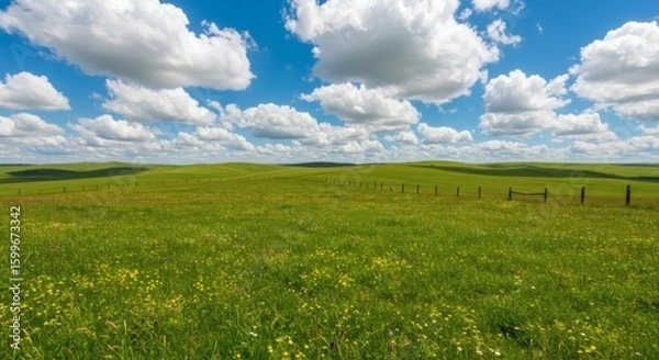 Fototapeta Wide Open Natural Landscape with Rolling Green Hills and Blue Sky – Peaceful Countryside Scenery with Scattered Clouds, Ideal for Nature, Travel, and Outdoor Themes, High-Resolution Photography