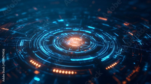 Fototapeta Futuristic technology interface with glowing lines and circular patterns on dark background