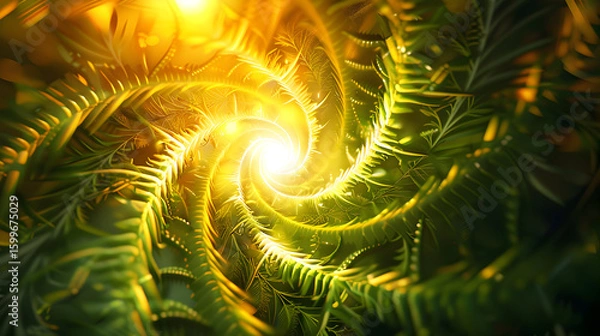 Fototapeta Glowing spiral of light surrounded by fractal foliage, a radiant energy vortex