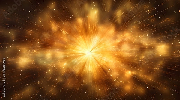 Fototapeta Abstract golden burst of light background with sparkling particles and rays