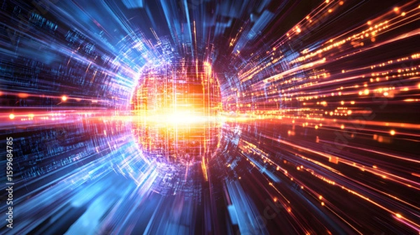 Fototapeta Abstract technology background with glowing lines and sphere in tunnel
