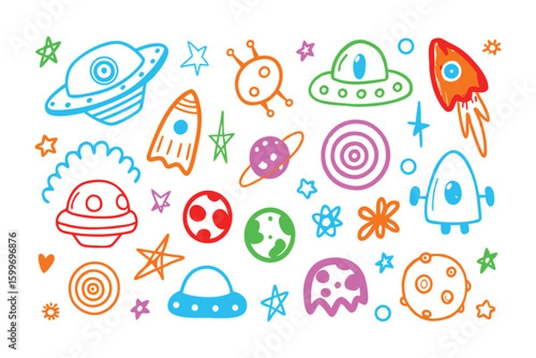 Fototapeta Celestial doodles: A collection of playful, hand-drawn space elements, each radiating a sense of wonder, dreams, and limitless exploration. perfect for anyone with the vivid imagination
