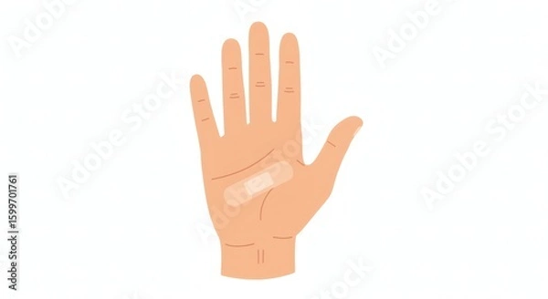 Fototapeta Minimalist Vector Illustration of Human Hand with Small Bandage on Palm – Flat Medical Infographic Style on White Background, Symbolizing First Aid or Minor Injury, Clean and Professional Design

