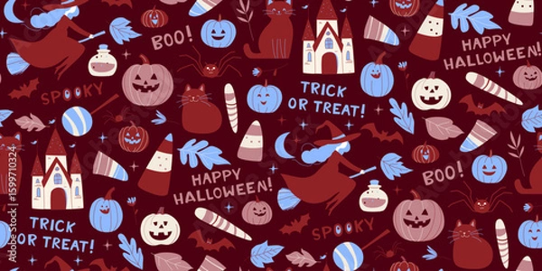 Fototapeta Halloween Seamless Pattern with Witches, Cats, Pumpkins and Candy Dark Red Background