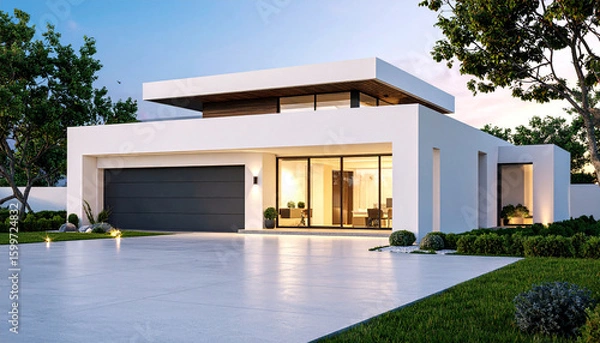 Fototapeta Modern Architectural Marvel: A stunning modern house, showcasing clean lines, expansive glass windows, and a sleek design, nestled in a serene environment.